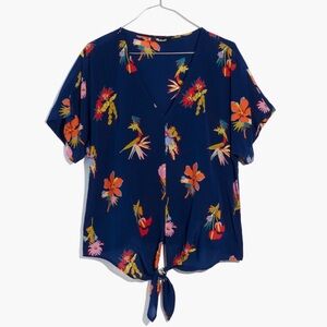 Madewell Floral Tie-Front Blouse - Blue and Multicolor